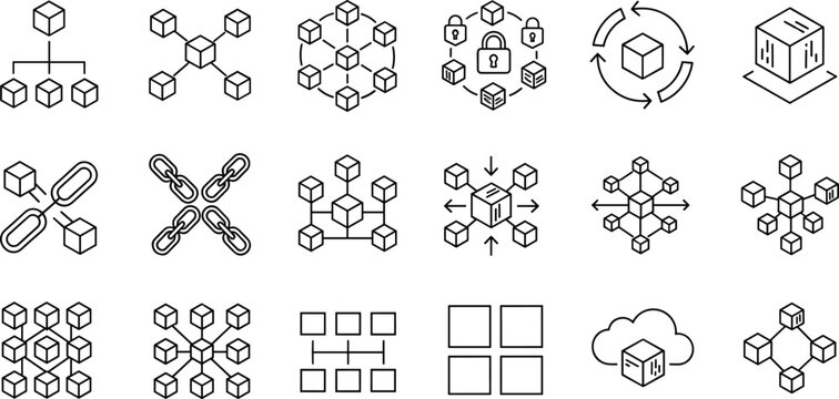 Blockchain Technology Icon Set Featuring Data Network Clusters Decentralized Systems Cloud Computing Cryptography Security Connections Digital Transformation and Information Architecture Symbols