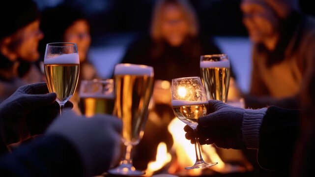 Friends enjoying a casual evening together, sitting around a fire and sharing beer or wine.