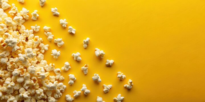 Popcorn scattered on a bright yellow background with a few pieces stuck to each other - Powered by Adobe