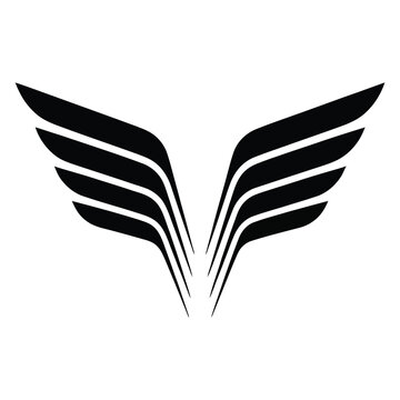 Pair of elegant black stylized wings with sleek, elongated lines and a symmetrical upward sweep, creating a dynamic and modern emblem isolated on a clean white background