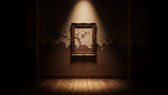 Old Decayed Picture Frame in Dark Room with Wooden Floor and Light on Frame in Dark and Moody Atmosphere, Gothic Style Interior