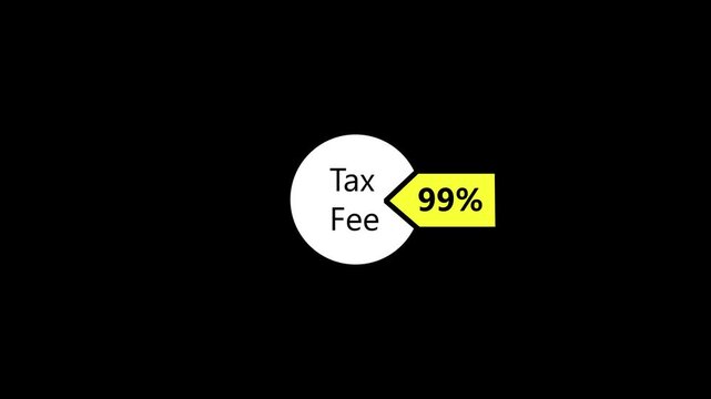 Animated pie chart illustrating tax fee breakdown with yellow segment highlighted on black de