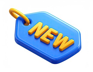 3D blue tag with "NEW" in bold yellow letters