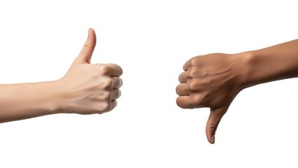 Two hands showing contrasting gestures of approval and disapproval side by side against a white background