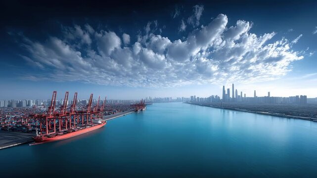 Busy Port Cargo Ship Docking and Unloading