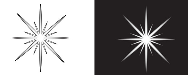  Sparkling Starburst and North Star Icon Set with Glow Effect on Black and White Backgrounds 