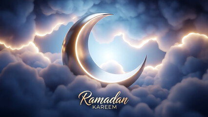 Ramadan kareem greeting with crescent moon in cloudy sky