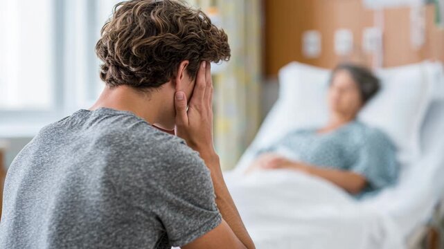 A young man in a grey shirt looks distressed as he sits by a woman in a hospital bed, holding his head in his hands.