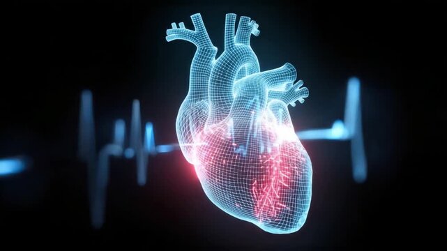 Digital Heart Illustration: A detailed, three-dimensional digital rendering of the human heart, depicted with intricate wireframe and highlighted sections, set against a dark background.