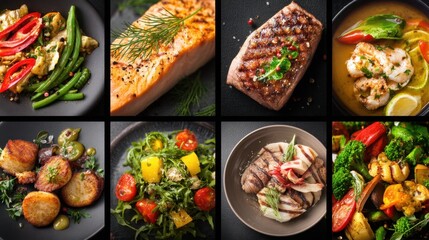 Dishes are arranged on black plates. Seafood and vegetables are presented in various styles. Colorful salads with greens and fruits are included showcasing diverse meal options.