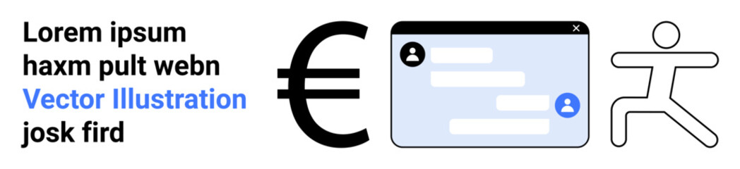 Fototapeta premium Digital payments, communication, modern business, user interaction, financial technology, electronic economy. Euro symbol, chat window running figure. Digital payments and communication