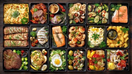 An enticing display of international gourmet dishes served in an array of black square plates. This delicious assortment features meats, seafood, pasta, and vibrant vegetables, perfect for food enthus