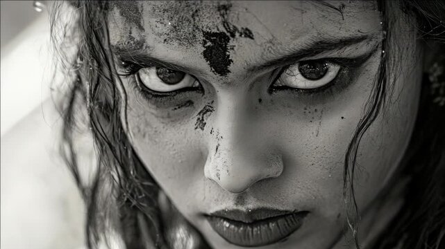 Edgy girl with defiant expression, dirt smear and wild hair.
