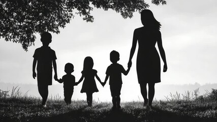 Family of four on a cloudy day in a field, holding hands. Silhouette effect gives it an artistic touch.