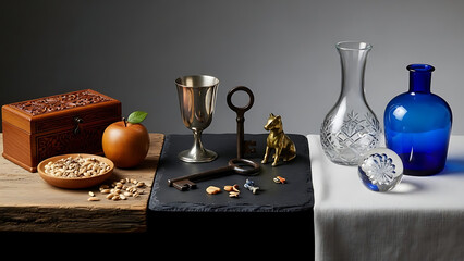 Still life with antique objects and fruit on tables