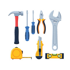 A colorful cartoon illustration of various tools, including a hammer, screwdrivers, pliers, wrench, tape measure, and level, arranged neatly on a clean white background.