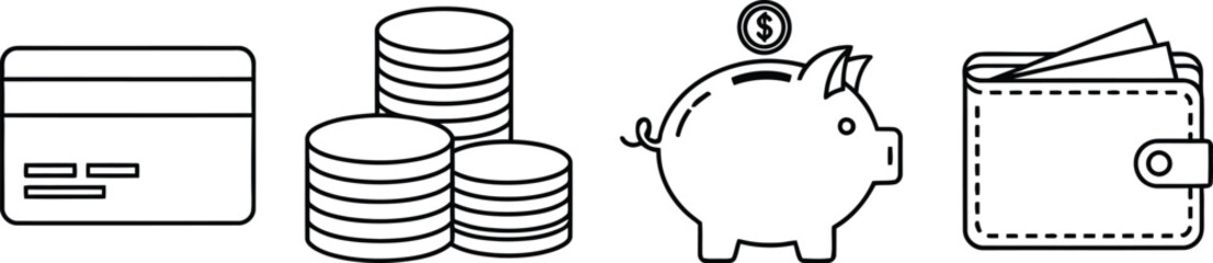 Financial money and payment method vector icon illustration with card coins piggy bank and wallet isolated on white background