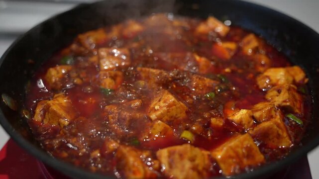 Bowl of Spicy Mapo Tofu with Meat Sauce, Szechuan-Style