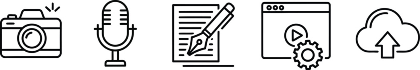 Five essential outline vector icon illustration set for digital media and web services isolated on white background