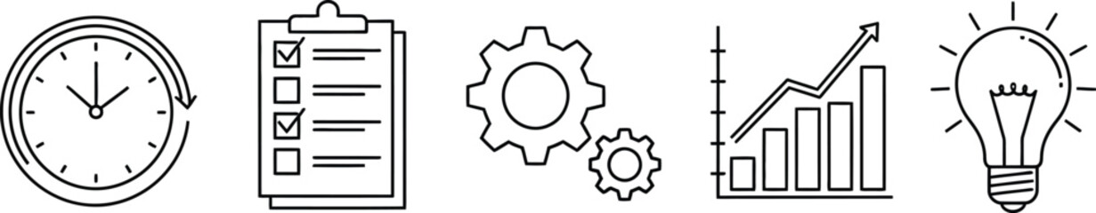 Five outline business icons vector illustration set for productivity and strategy concepts isolated on white background