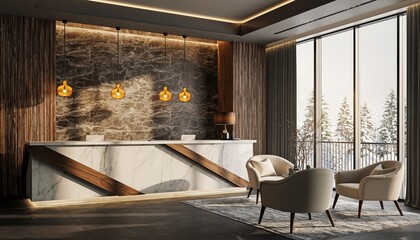 Modern Hotel Lobby Reception Desk with Cozy Seating Area and Scenic Window View.