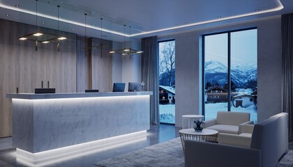 Modern Hotel Lobby Reception Desk with Snowy Mountain View.