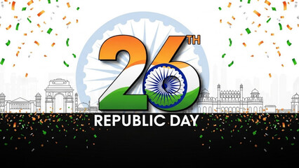 Indian republic day celebration with confetti and iconic landmarks, 26th january, national pride and patriotism