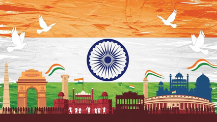 Indian flag with famous landmarks and monuments, india independence day celebration, patriotic background with ashoka chakra