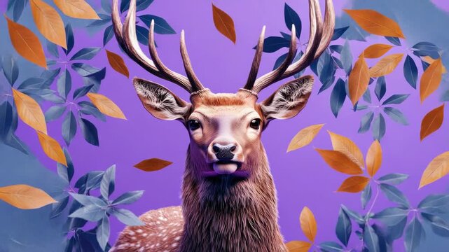 A roe deer portrait set against a purple backdrop with autumnal leaf motifs.
