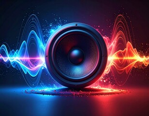 Abstract music illustration with dj speakers and disco light circles featuring rainbow energy design for club party flyers and bass audio technology background
