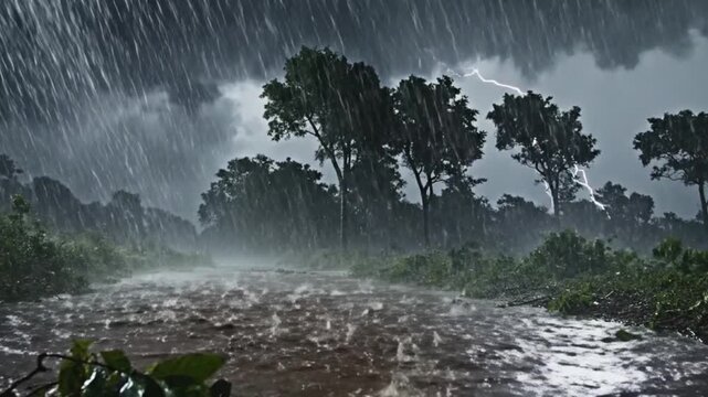 A stormy landscape with heavy rain and lightning, showcasing dark clouds and flooding water