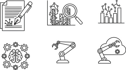 Set of six technology and business related outline vector icons illustration for modern digital concepts isolated on white background