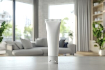 Blank tube of cream on a marble table in a bright living room