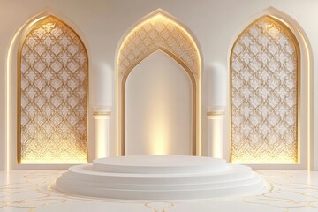 Elegant, ornate, white room with golden arches and patterned panels.  A circular, tiered pedestal sits in the center