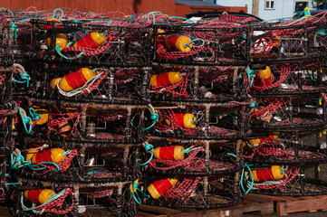 Stacks of colorful crab pots