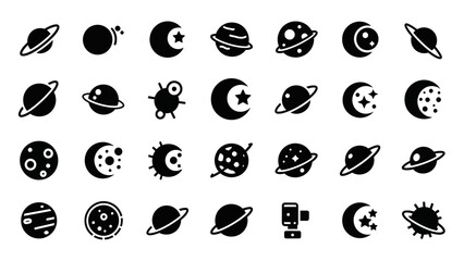 A collection of black and white vector icons depicting various celestial bodies, planets, moons, and space elements. © Melin