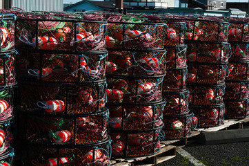 Colorful stacks of crab pots