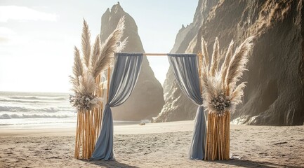 Coastal wedding ceremony arch, light-blue drapes, pampas grass
