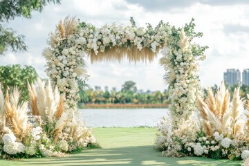 Elegant wedding arch adorned with white flowers and pampas grass. Lush greenery surrounds a tranquil lake scene