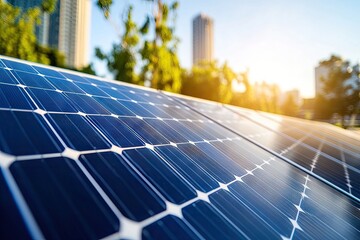 Close-up of solar panels on a building, city backdrop
