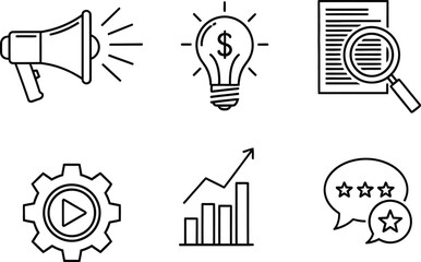 Six business marketing and analytics outline icons vector illustration set isolated on white background