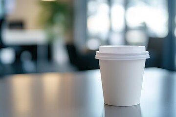 White disposable coffee cup on a table. Blurry interior in background