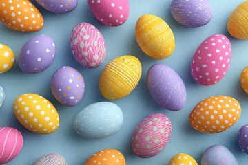 Colorful Easter eggs scattered on a blue background with various patterns