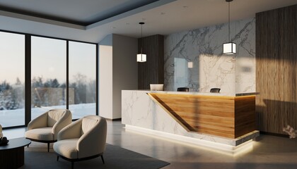 Modern Luxury Hotel Lobby Reception Desk with Winter Landscape View.