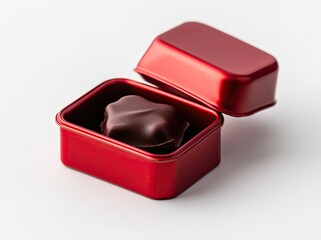 Dark chocolate truffle in a red metal box