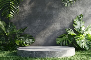 Gray concrete pedestal surrounded by lush green tropical foliage against a textured gray wall
