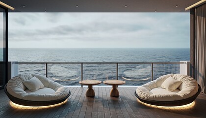 Modern Luxury Lounge with Ocean View Balcony and Comfortable Seating.