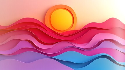 Vibrant sunset over colorful layered mountain landscape