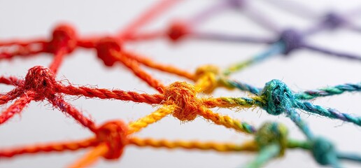 Macro shot colorful knotted threads create a network, white backdrop