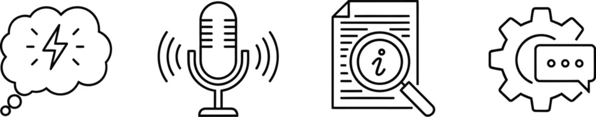 Technology communication and idea generation vector illustration icon set with gear document radar and lightbulb isolated on white background